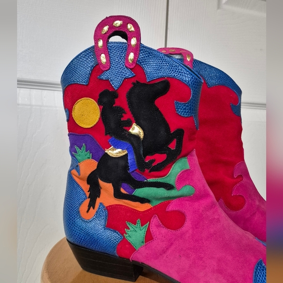 80s Vintage Zalo Colorful Suede Cowboy Boots Womens size 6.5 Made in Spain - Picture 3 of 16